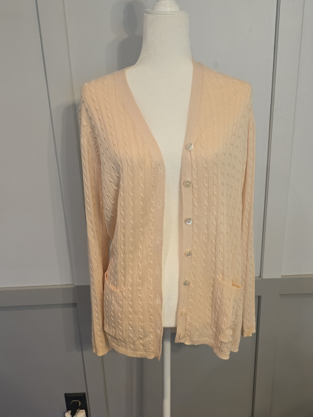 Light Peach 100% SilkCable-Knit Button-Front Cardigan